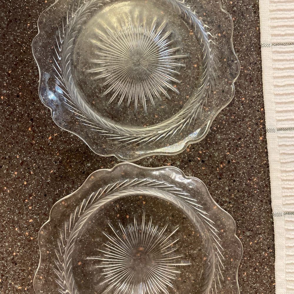 This is a Jeannette Sunburst "Herringbone" pattern clear crystal depression